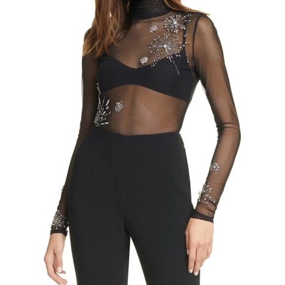 Cinq a Sept Shooting Star Mesh Turtleneck Top Black Embellished Sparkly NYE SZ M - Picture 2 of 9
